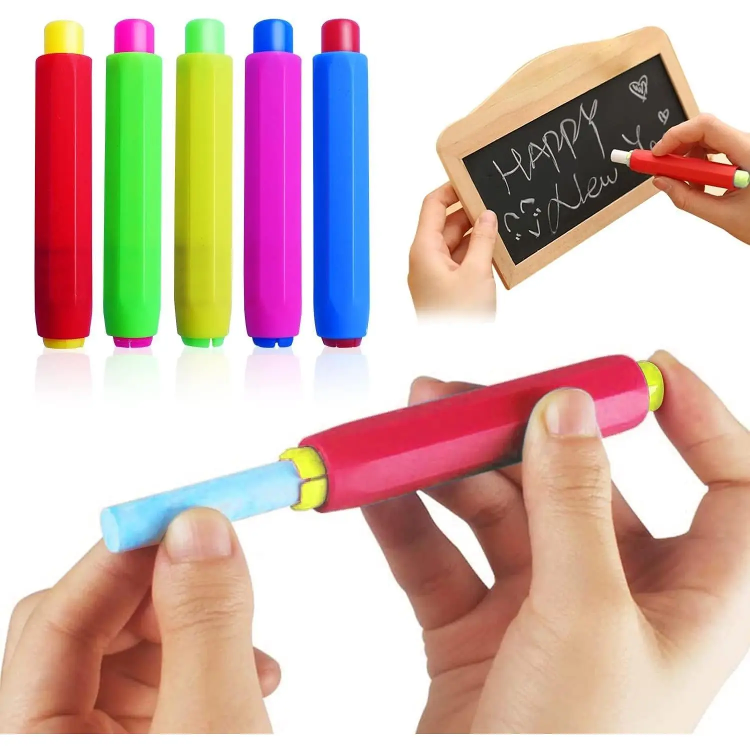 5 Pieces Colorful Adjustable Plastic Chalk Holders Set for Teachers School Office Drawing Board, Protects Hands From Direct Chalk Contact 5 Count (Pack of 1)