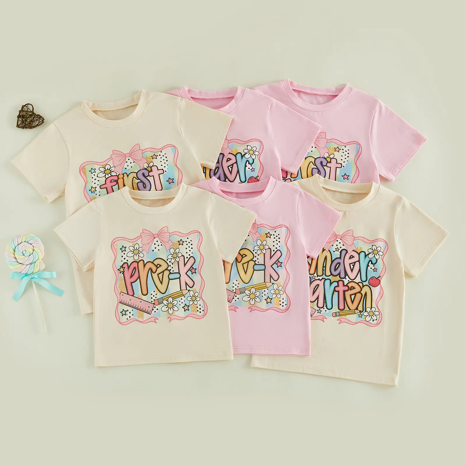 Kids Girls First Day of School Shirt Pre-k Kindergarten First Grade Coquette Bow Back to School T-Shirt Top