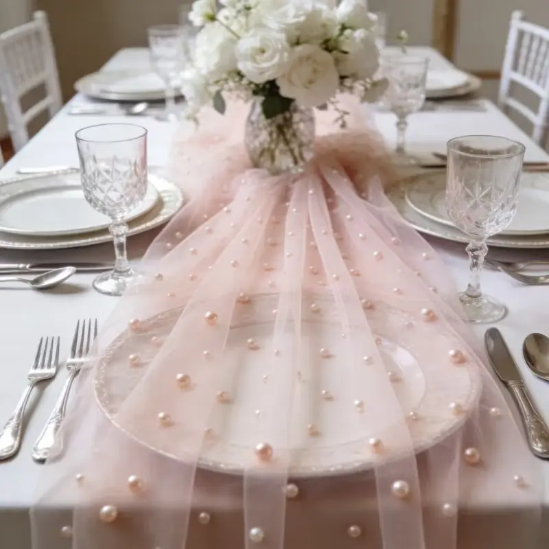 Sweet Nude Pearl Decorated Organza Fabric, Multi-Purpose Handmade Material, Ideal for Weddings, Valentine's Day, New Year Parties
