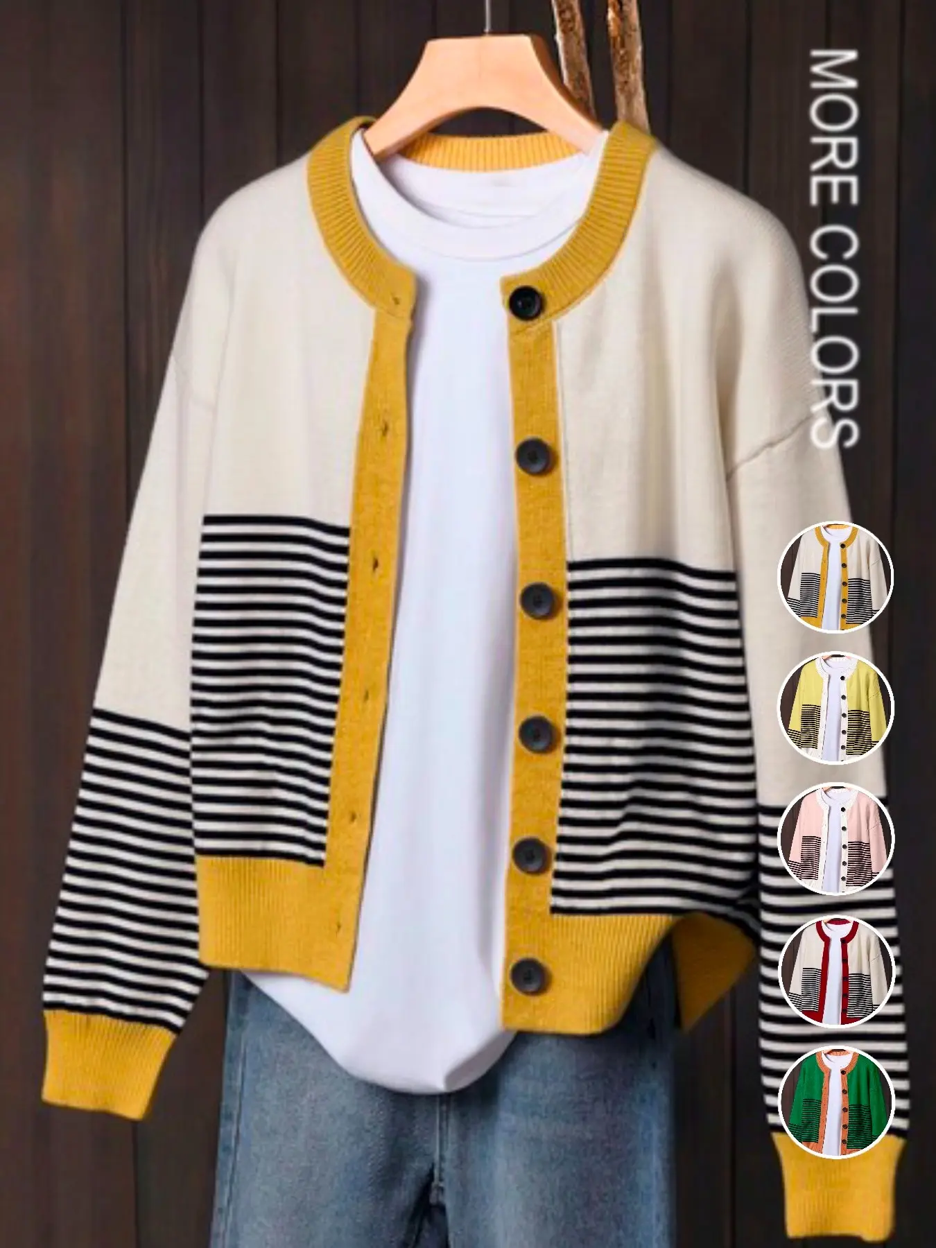 Women's Elegant Comfortable Colorblock Striped Long Sleeve Cardigan, Casual Loose-Fit Knitted Sweater Knitwear for Fall & Winter