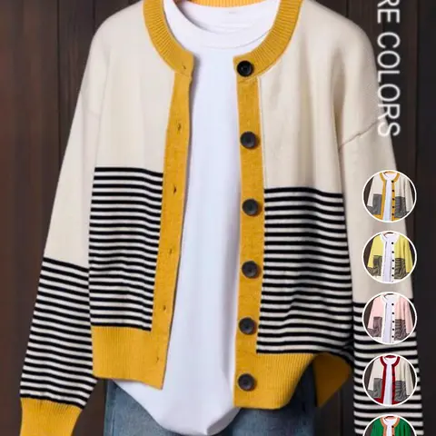 Women's Colorblock Striped Long Sleeve Cardigan, Loose Knitting Cardigan, Casual Loose-Fit Knitted Sweater Coat, Fall & Winter Fashion, Elegant and Comfortable