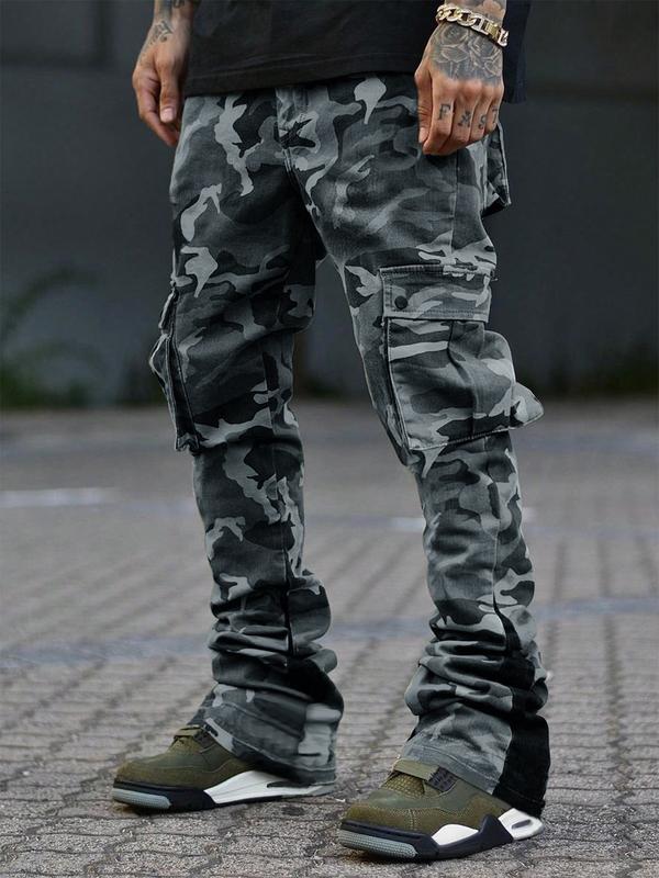 Men's New Camo Pants Fashion Outdoor Wide Leg Pants Large Pockets Decorative Woven Flare Pants Suitable for Young Casual Wear