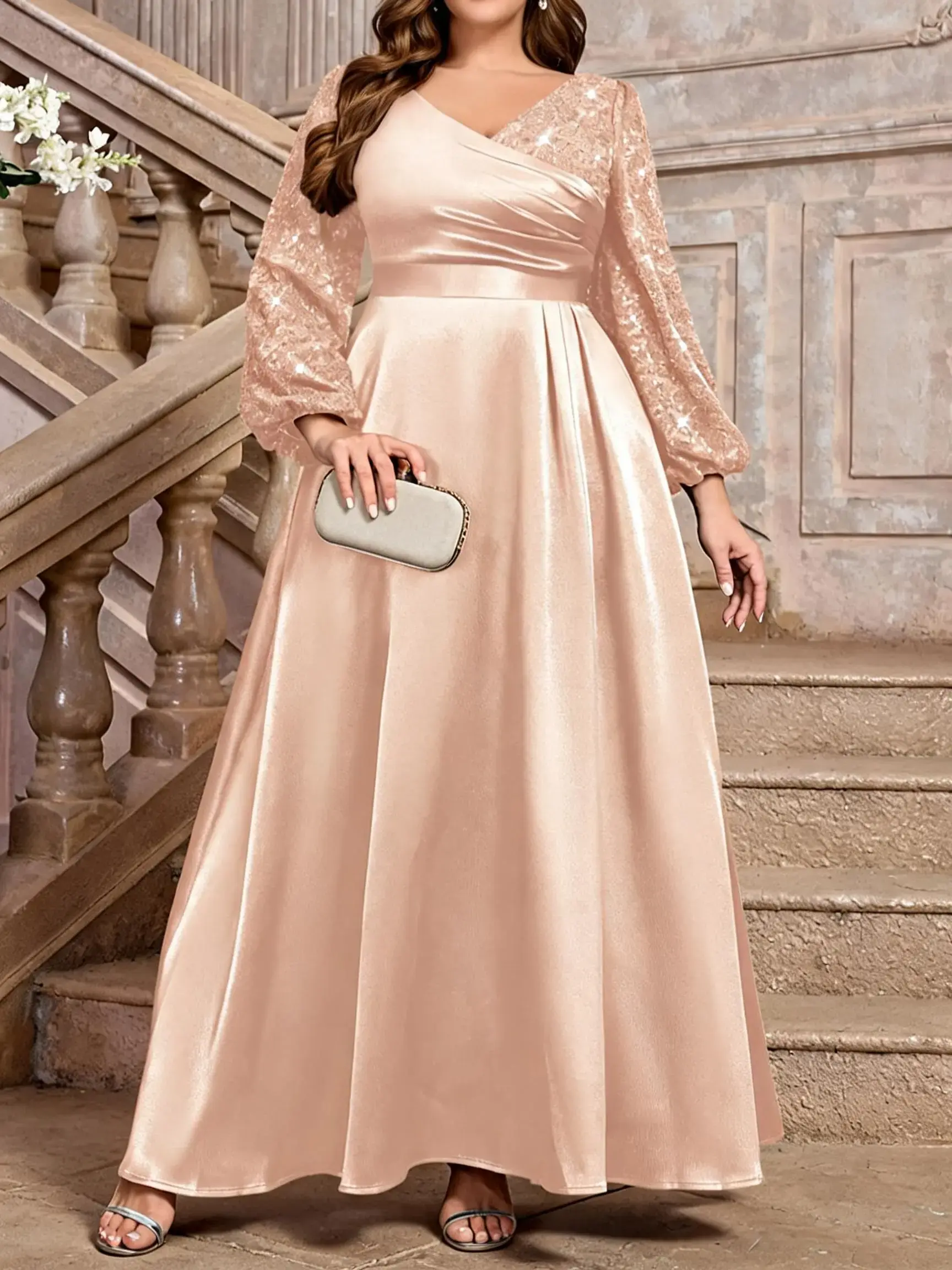 MISSMAY P24360A Plus Curvy V-Neck Lantern Sleeve, Long Sleeve, Floral Sequin Glitter Lace Contrast Satin Zipper Prom Evening Party Formal Maxi Women Dress, Winter Dress, New Year Dress, Wedding Guest Gown