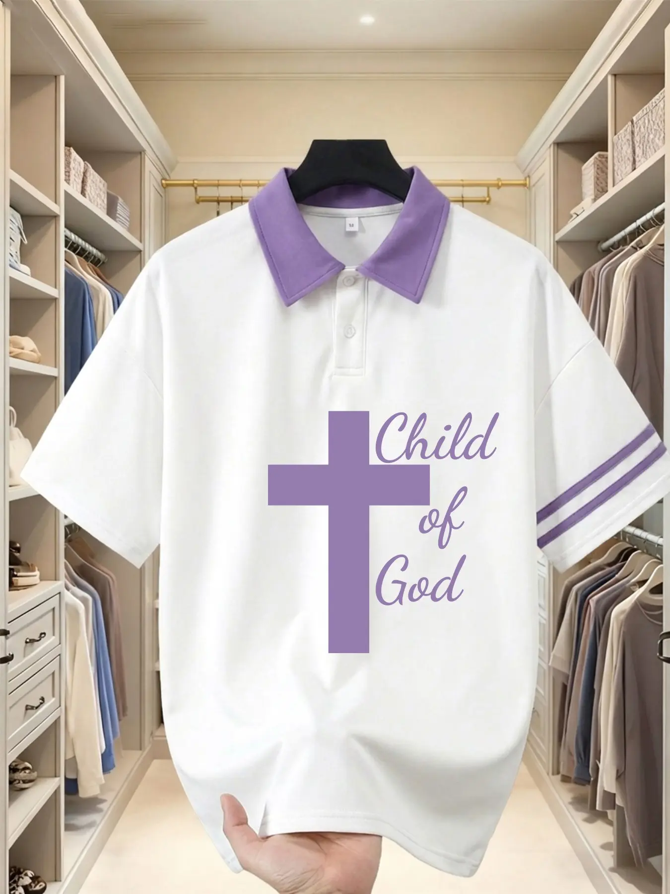 Fgfs Child of God Cross Print Polo Shirt, Unisex Striped Short Sleeve, Summer Loose Fit, Christian Faith Tee, Church Streetwear Top