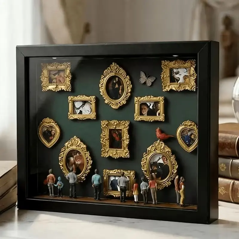 DIY Mini Museum Shadow Box Photo Frame, 8 Mini Frames, 8 Random Figurines, Personalized Memory Display, Keepsake Gift for Family, Pets, Couples