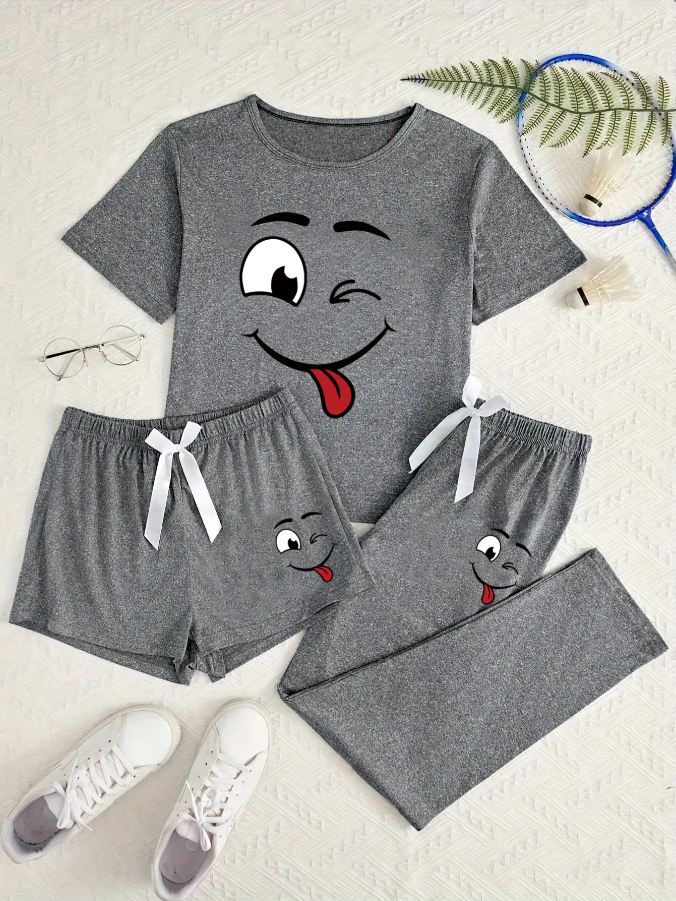 Women's Fun Emoji Print Pajamas, 3-Piece Set, Casual Home Wear, All-Seasons, Slim-Fitting, Comfortable Sleepwear for Daily Use, Loungewear
