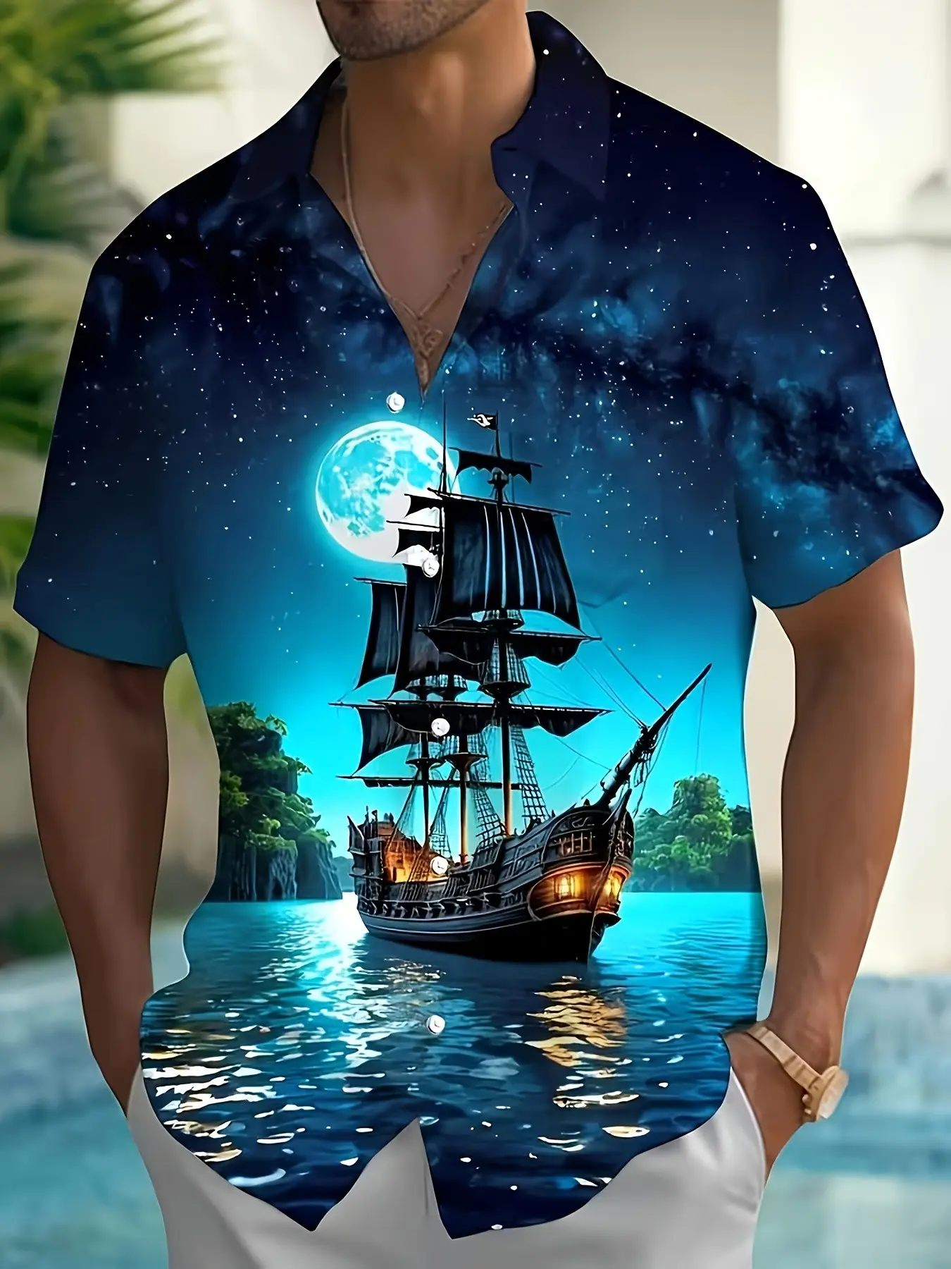 Deep Blue Starry Night Pirate Shirt, Full Print Cuban Collar Short Sleeve, Casual Long Shirt for All Seasons, Unlined Slim Fit