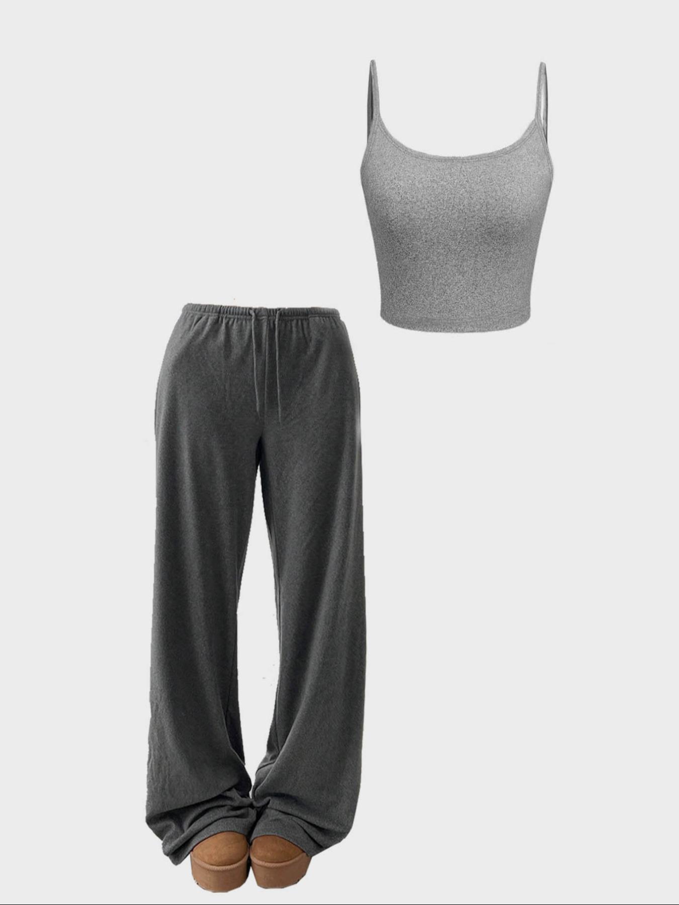 Women's Solid Crop Cami Top & Straight Leg Pants Set, Casual Comfy Breathable Minimalist Two-piece Set for Daily Wear, Ladies Clothes for All Seasons, Loungewear,Airport Outfit