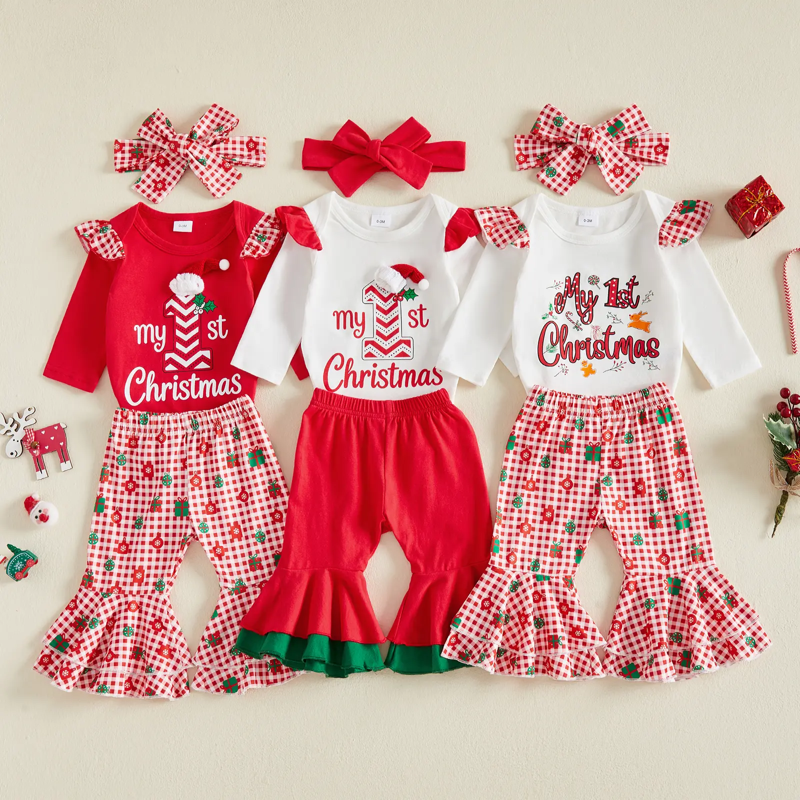 REDWOON Infant Baby Girl My First Christmas Outfit Ruffle Long Sleeve Bodysuit Plaid Flared Pants with Bow Headband Newborn 1st Christmas Holiday Clothing Set