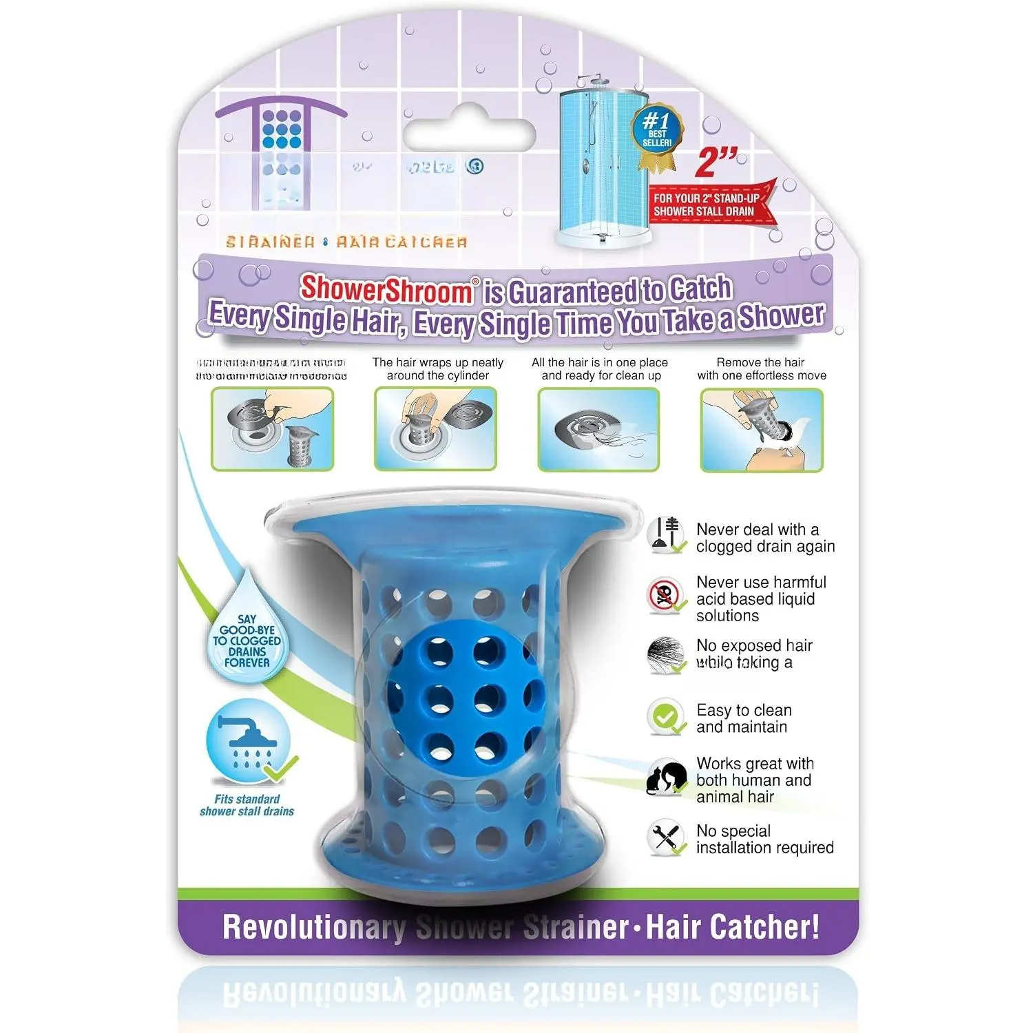 Modern Synthetic 2" Stand-Up Shower Stall Drain Protector, Hair Catcher Strainer for Effective Drain Protection, Blue