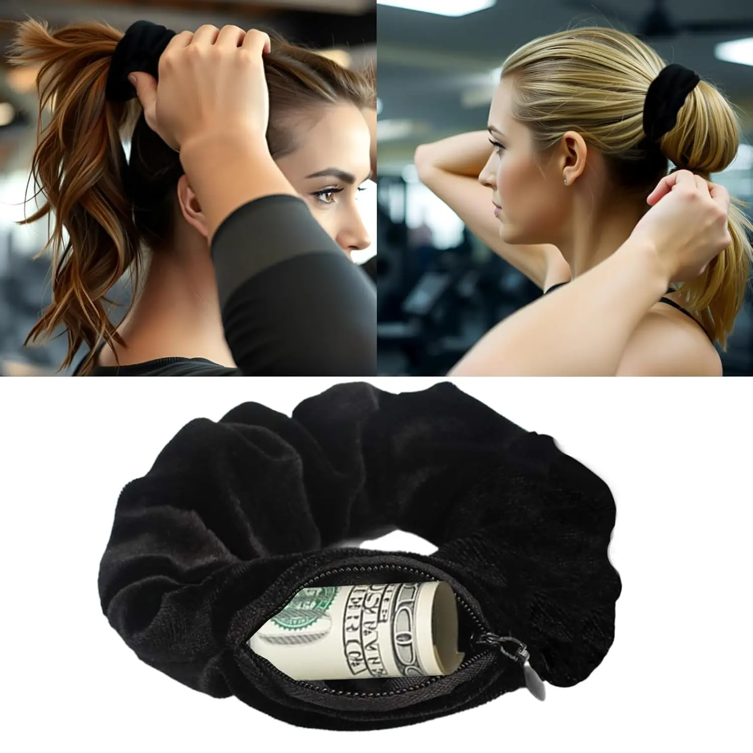 1PCS Velvet Hidden Zipper Storage Scrunchie, Anti‑Theft Secret Pocket Hair Tie, Portable Money Card Holder Hair Accessory for Travel Sports