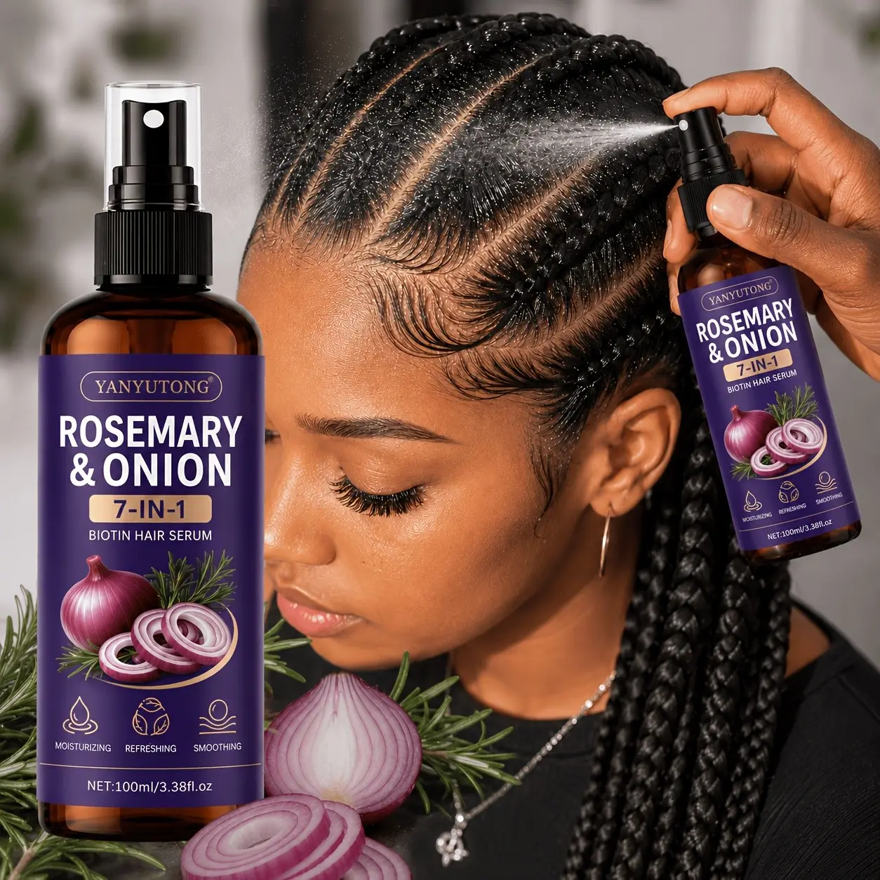 2 bottles of 100ml onion hair care spray, containing biotin, rosemary, onion and other hair care ingredients, can reduce the dry hair bifurcation, control oil for a long time, make the hair look fluffy, smooth and soft, suitable for all hair types
