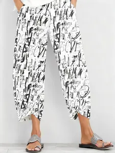 Women's Boho Striped Capri Pants, Loose-Fit Elastic Waist, Side Pockets, Asymmetrical Hem, All-Season Casual Long Pants