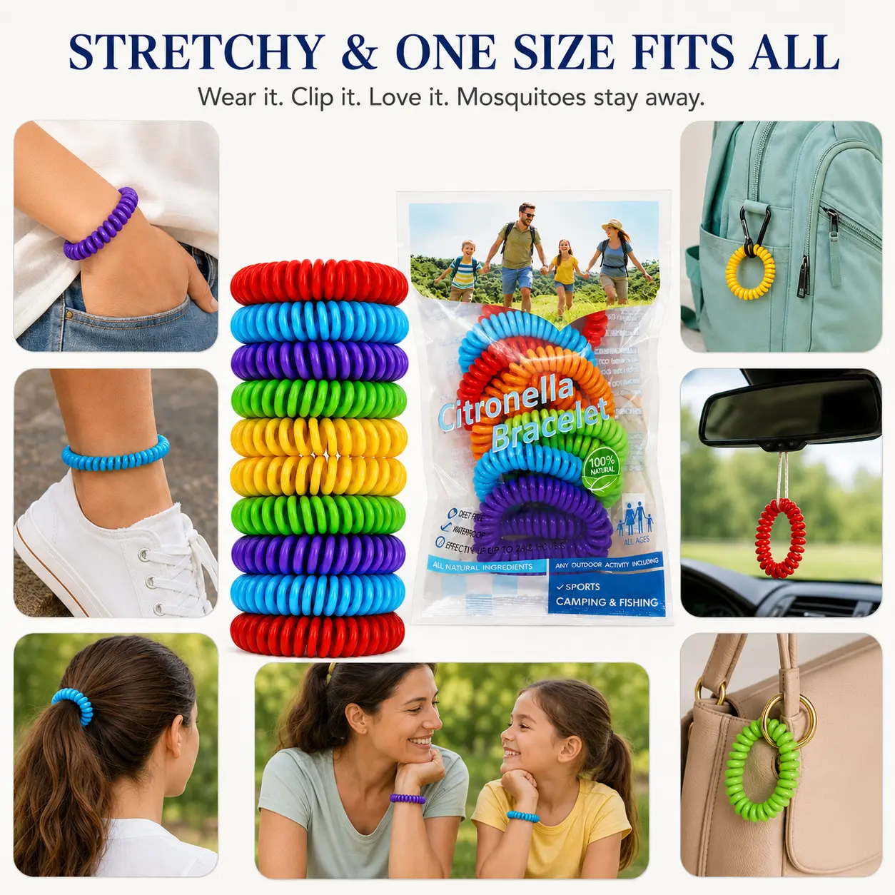 DEET-Free Waterproof Mosquito Repellent Bracelets with Natural Essential Oils (Citronella, Lemongrass) - Elastic Adjustable Bands for Adults - Ideal for Outdoor Activities, Porch Use, Emergency Kits Prep