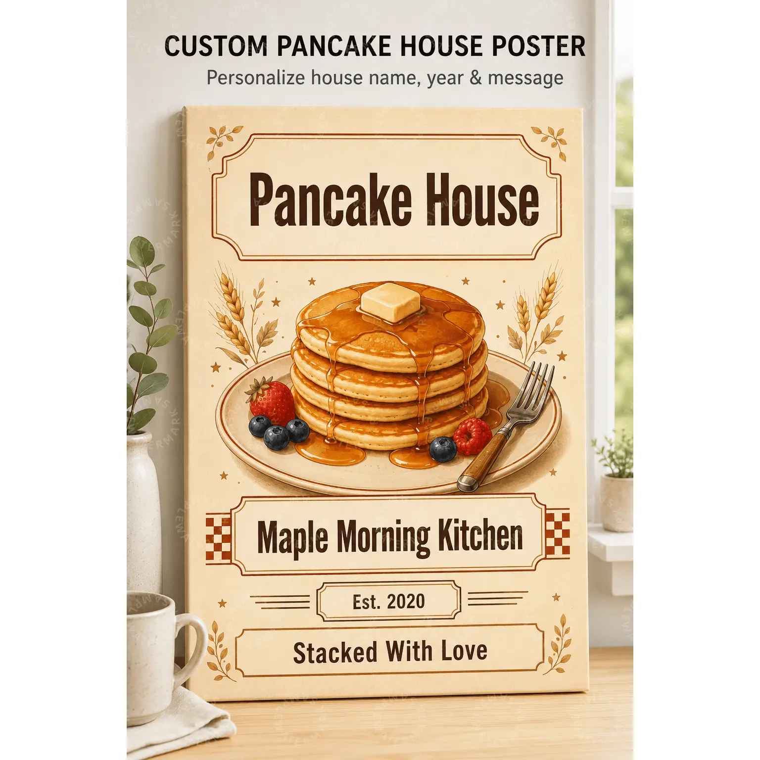 Custom Pancake House Kitchen Poster, Personalized Breakfast Wall Art, Maple Syrup Food Decor, Rustic Farmhouse Aesthetic Poster, Dining Room Cafe Wall Decor, Housewarming Gift