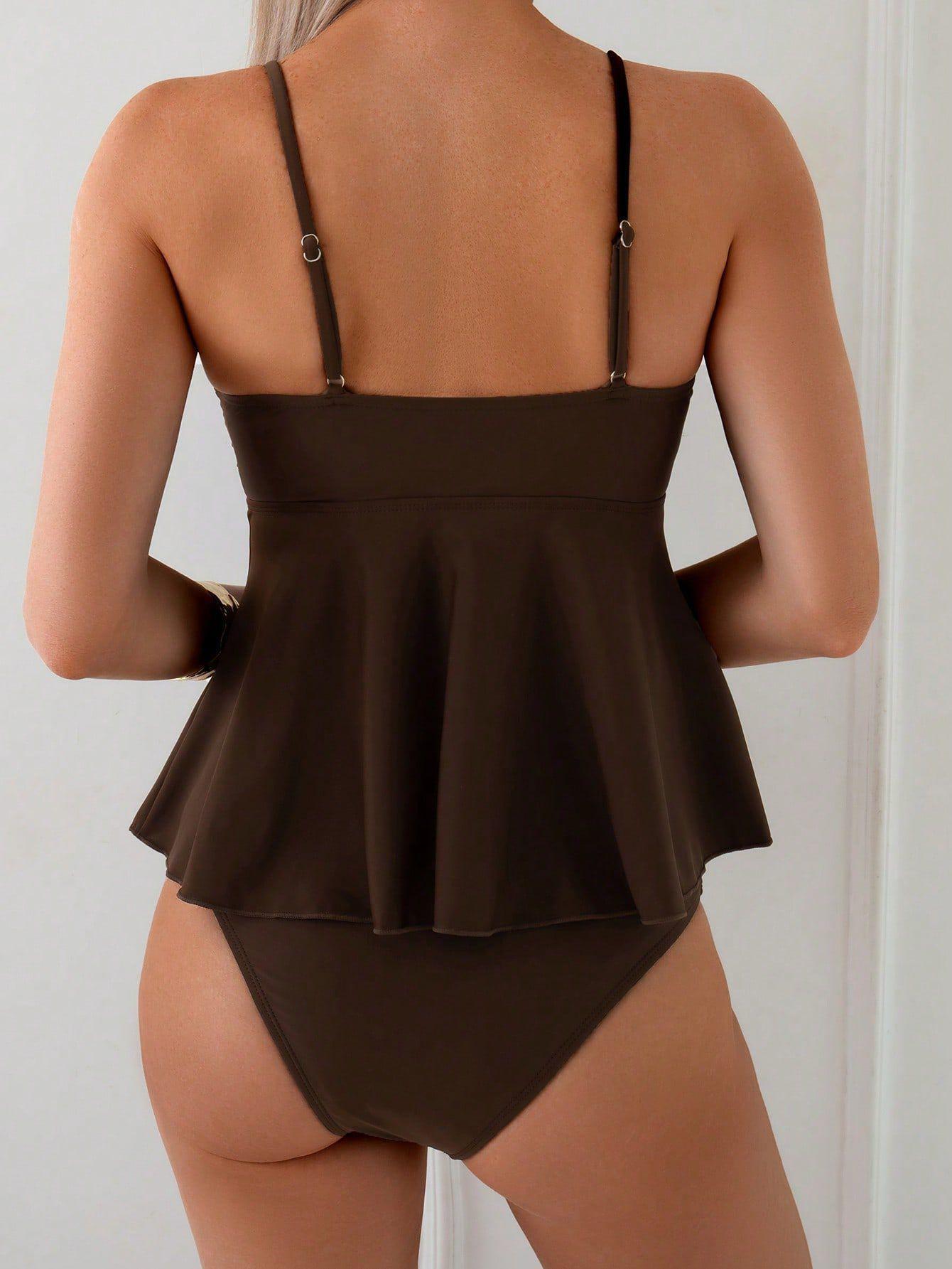 Coffee Tankini Two Pieces Swimsuit Women's New Metal Shell Solid color Split Swimsuit with Adjustable Shoulder Straps Outfits