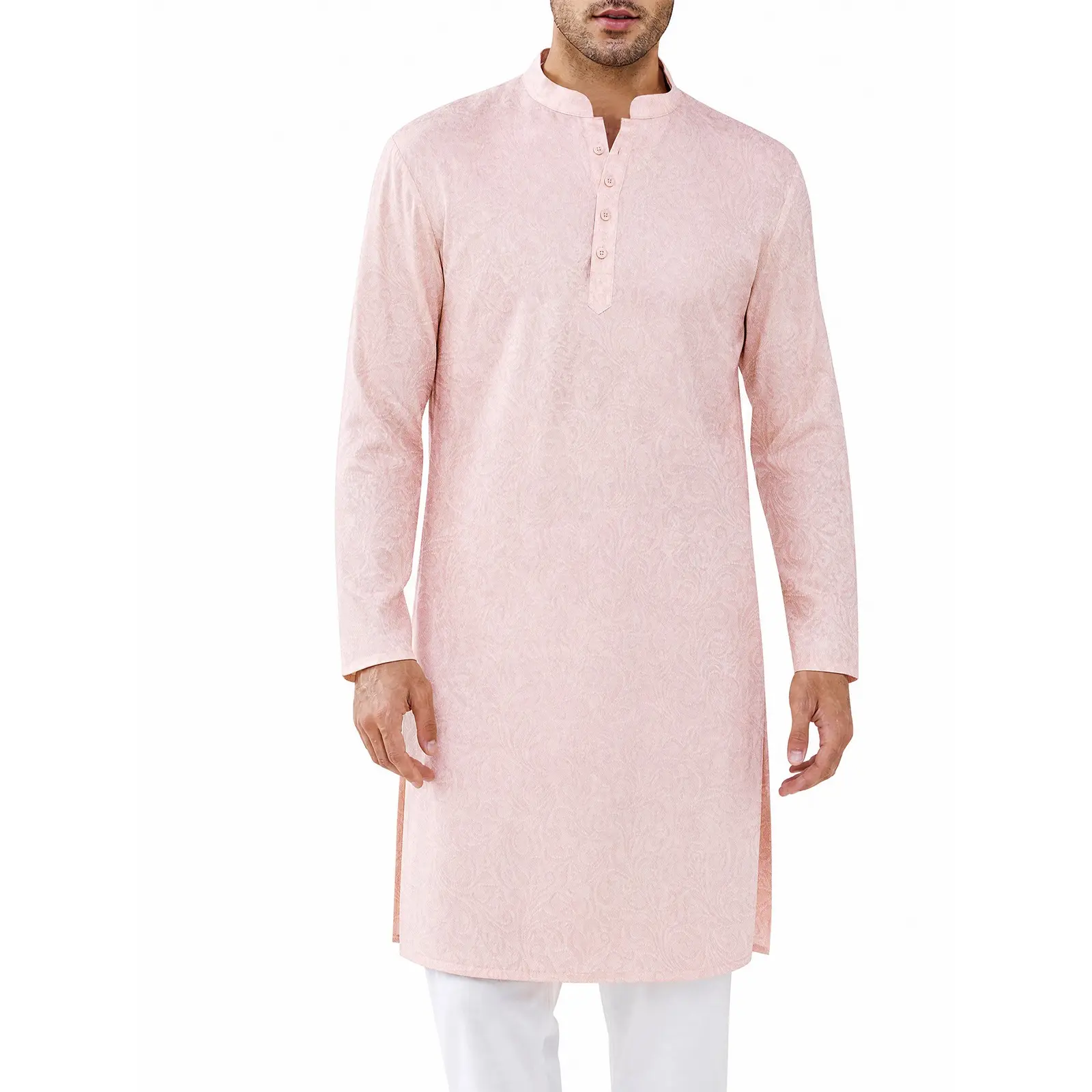 Runcati Men's Textured Henley V-Neck Button-Down Long Sleeve Shirt - Basics Elastane Business Casual Muslim Kaftan Thobe Robe Gown, Chic, Blouse/Shirt