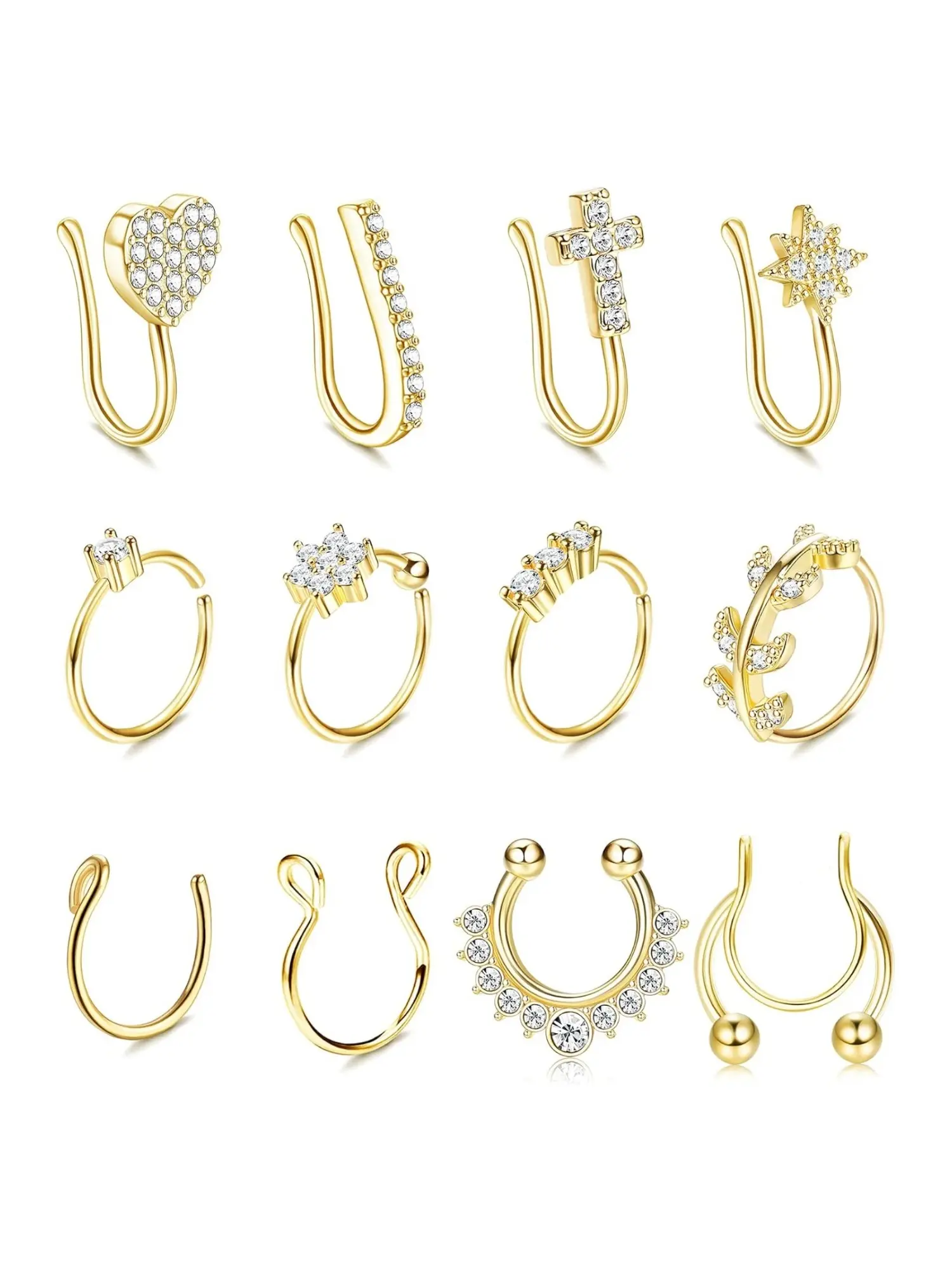 12 Pcs Lustrous Golden Non-Pierced Nostril Jewelry for Women Copper Stainless Steel Assorted Clip-On Fake Nose Cuffs with Sparkling AB CZ Heart Cross Star Crown Horseshoe Silhouettes Adjustable Painless Fake Piercing Accessory for Cosplay Festival