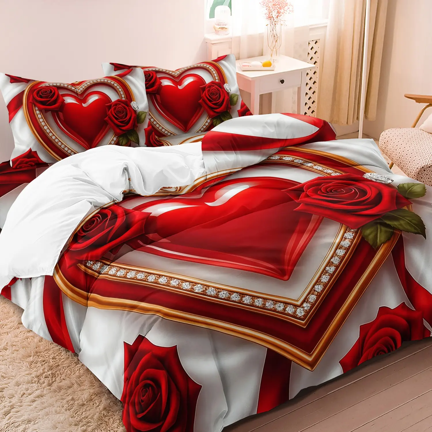 3 Pieces Red Heart Diamond Frame Red Rose Decorative Duvet Cover Set, Romantic Valentine Love Floral Striped Printed Bedding, For Bedroom Home Decoration(1 Duvet Cover + 2 Pillowcases, No Comforter No Pillow)