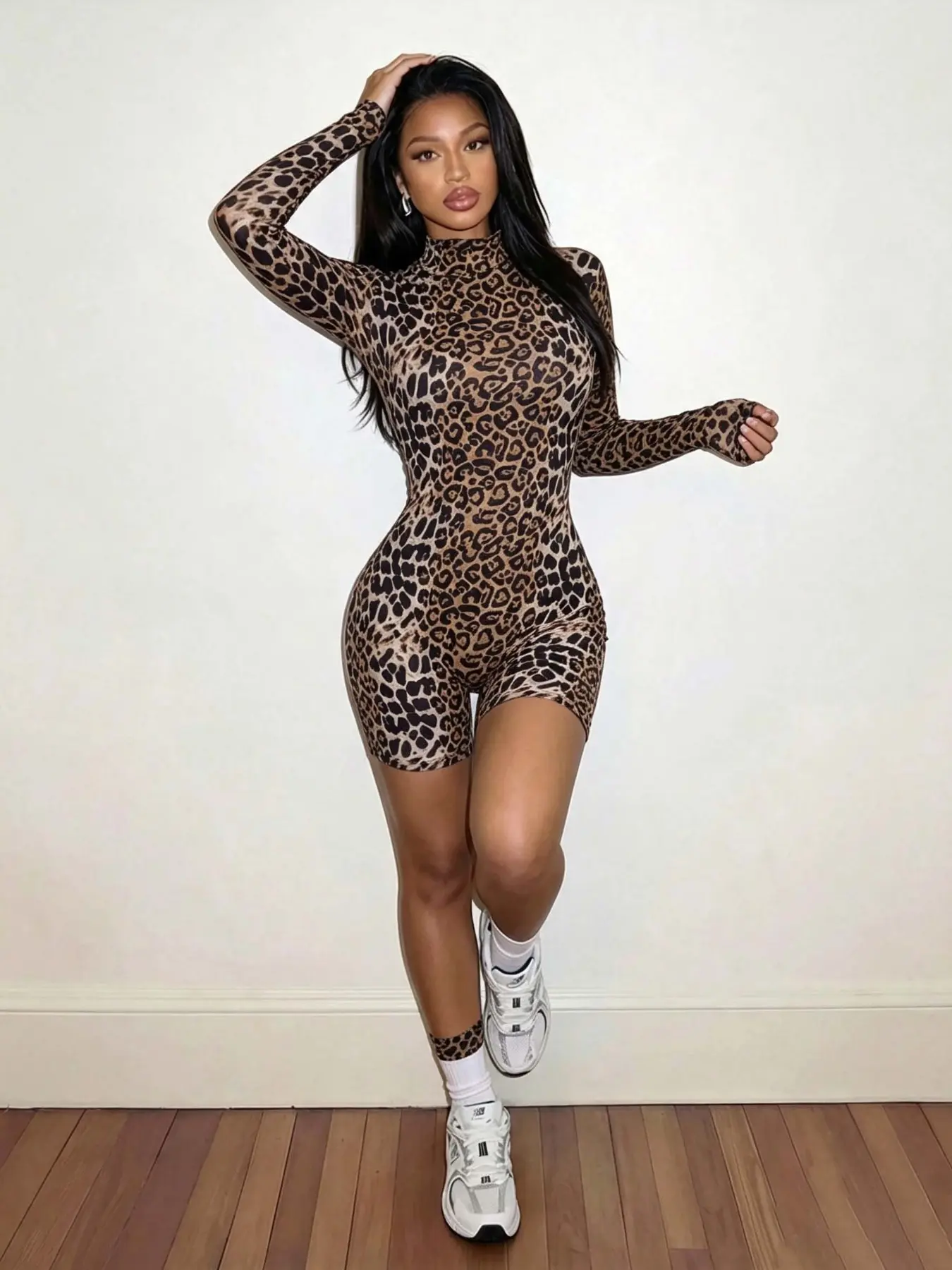 Women's Leopard Print Long Sleeve Cycling Romper, High Neck Slim Fit, Elastic Tight Bodycon, Y2K Street Style, Soft Fabric, Versatile