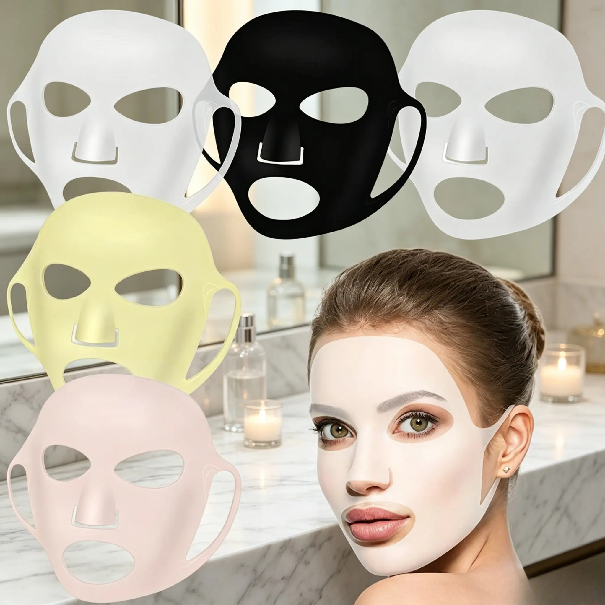 5Pcs Reusable Silicone Face Mask Covers in bright colors, fit sheet masks perfectly. Lock essence to avoid evaporation for anti-wrinkle & moisturizing effect. Practical beauty tool for facial SPA and hair skincare routines.