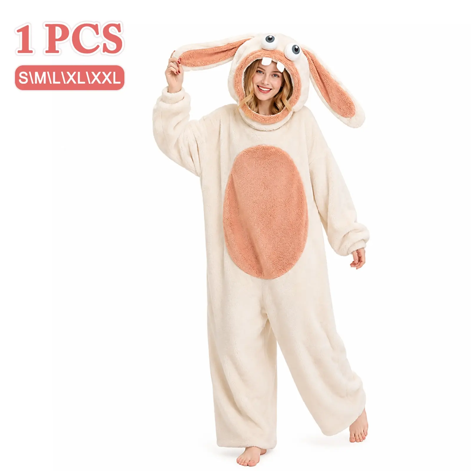 Cute Bunny Onesie Wearable Blanket for Adults, Soft Plush Fleece Jumpsuit Pajamas, Funny Hooded Loungewear for Pajama Party & Cosplay