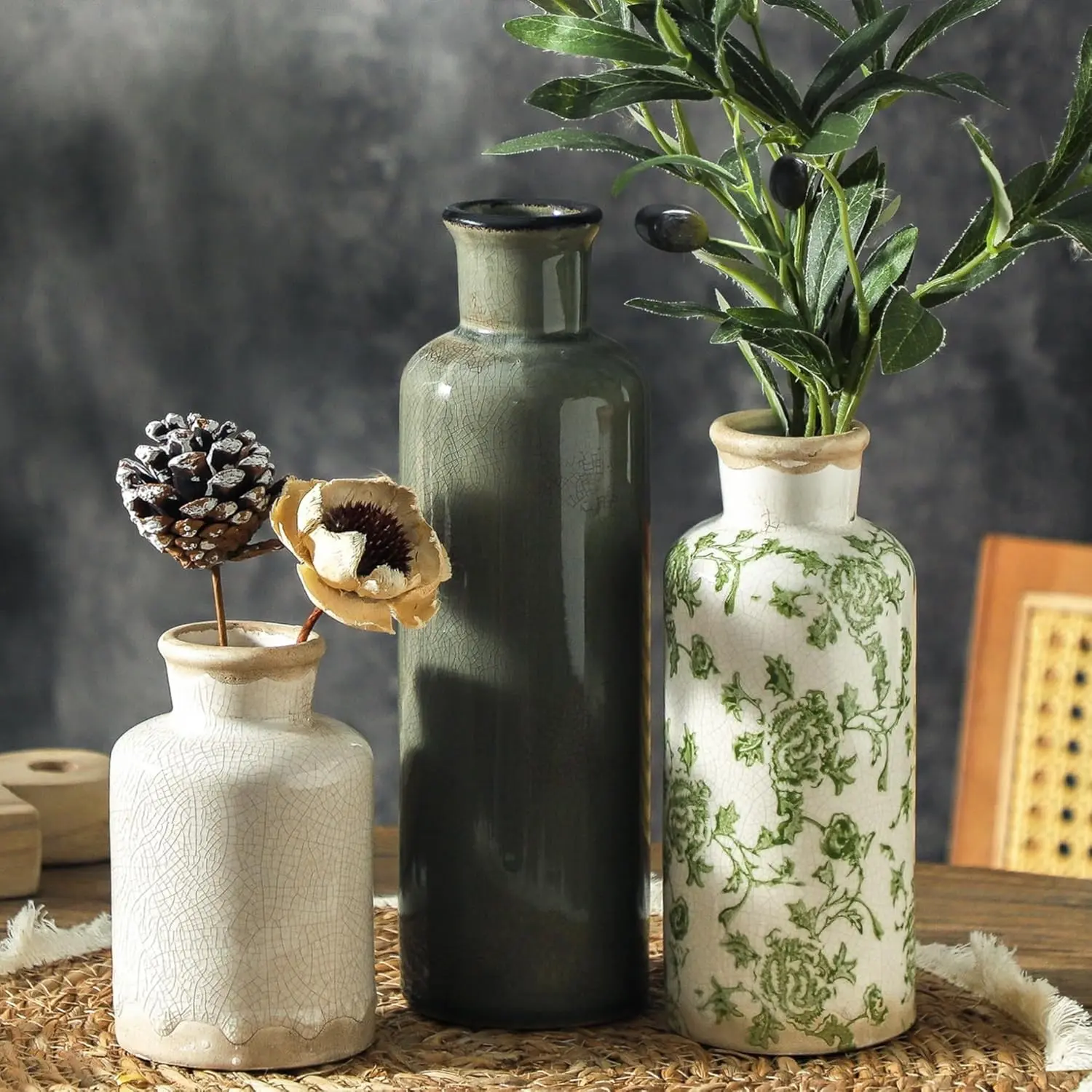 Vintage Vase Set of 3, Ceramic Vintage Flower Vases, Chinoiserie Decorative Home Decor Retro Floral Vase Rustic Farmhouse Decor for Table Bookshelf Mantel Kitchen Living Room Office - Green and Beige