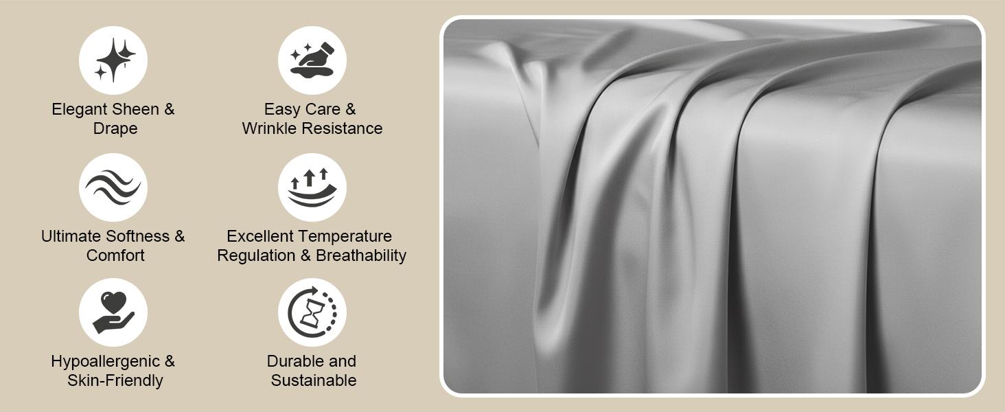 Cooling Sheets Queen – Rayon Derived from Bamboo, Silk Soft & Breathable, Luxury Sheet Set, Deep Queen Sheets Fits 18"–24" Thick Mattress - Light Grey