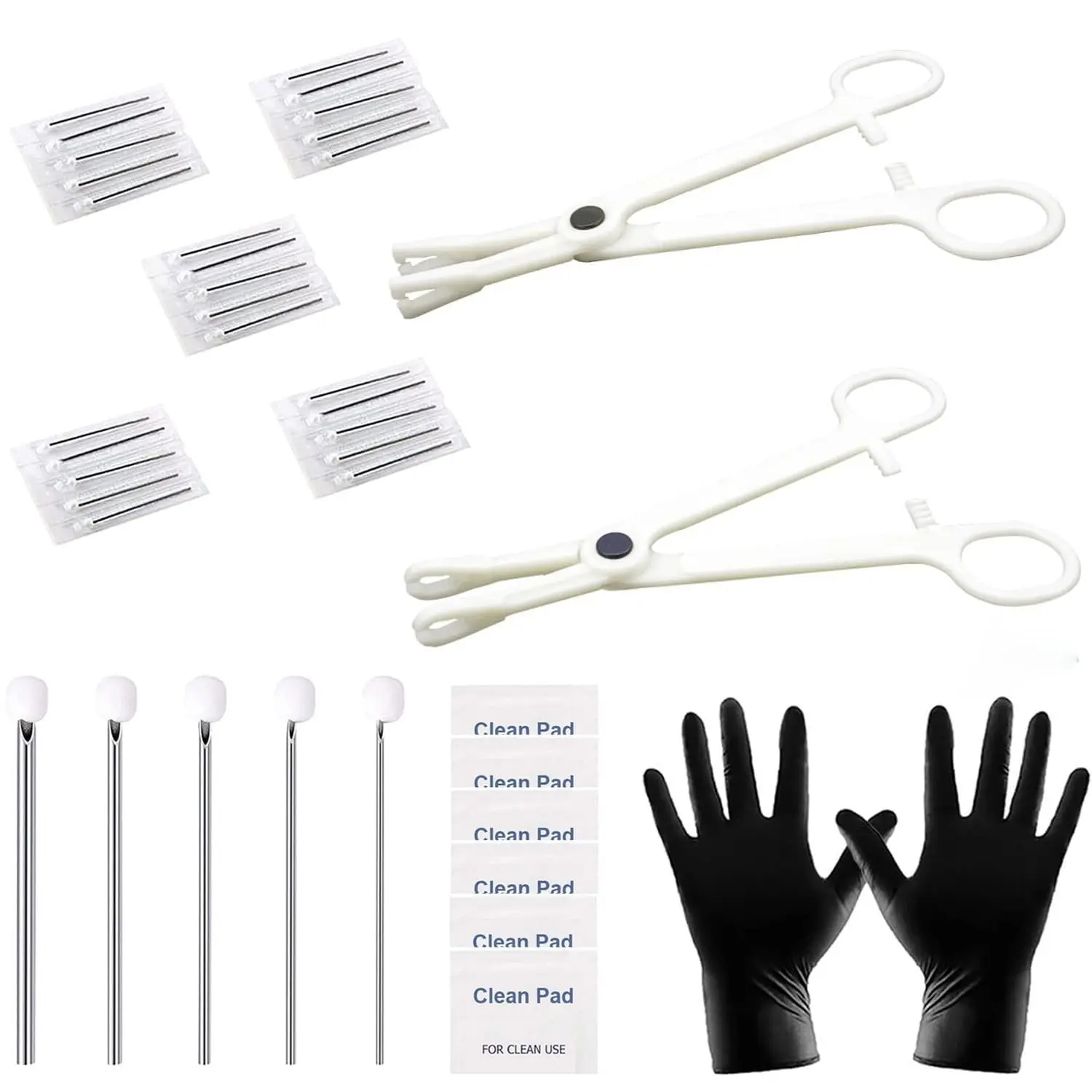 35PCS Professional Piercing Kit with 25 Mixed 12G 14G 16G 18G 20G Piercing Needles, 2 Piercing Clamps, 6 Cleaning Tools, 2 Gloves for Ear Nose Piercing