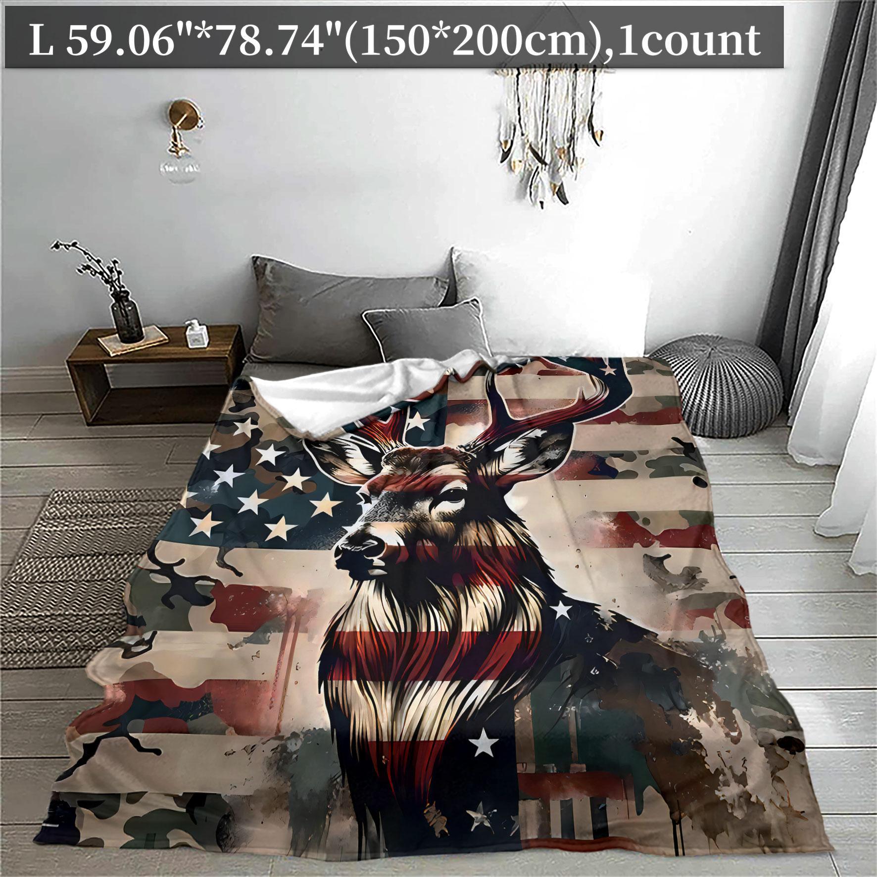 Deer & American Flag Pattern Blanket, 1 Count/2 Counts Soft Warm Throw Blanket, Air-conditioned Room Accessories Blanket for Home Office Travel Camping, Cozy Chic Blanket