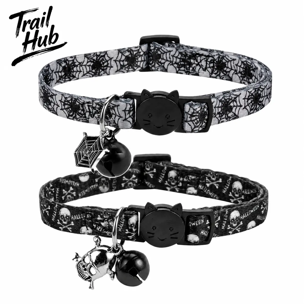 Halloween-Themed Pet Collar with Skull and Spider Web Pendant Design – Adjustable Polyester Neckband for Small to Medium Dogs and Cats, Lightweight Comfortable Fit for Festive Seasonal Wear