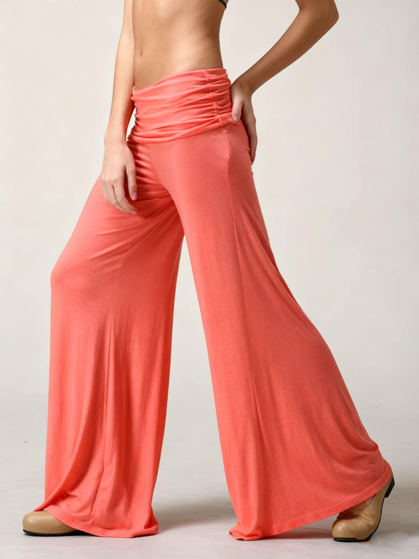 Women's Y2K Trendy Coral Pink Fold Over Wide Leg Pants, High Waist Ruched Flare Sweatpants, Loose Stretchy Streetwear Casual Daily Shopping Party Lounge Trousers 2026