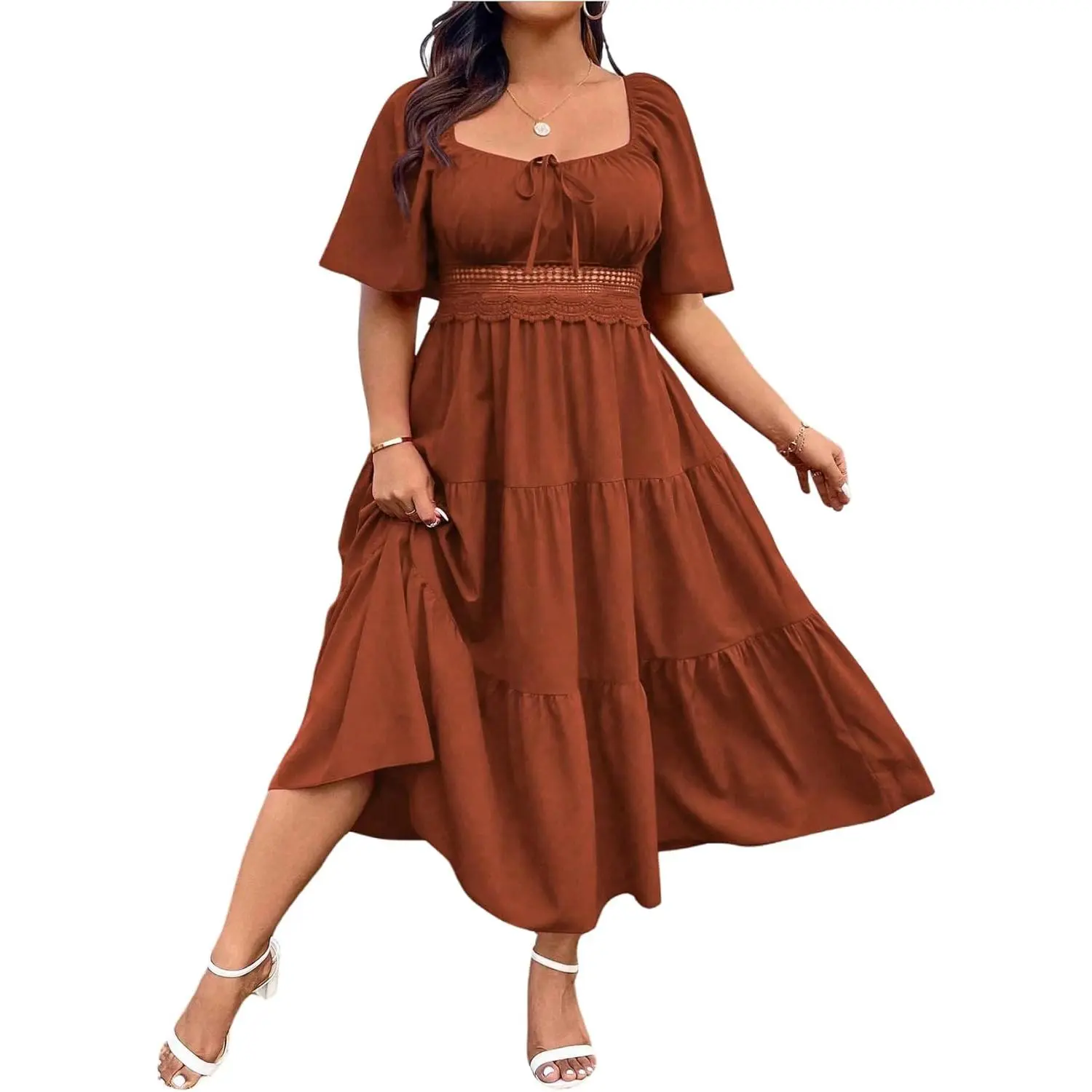 BEAUDRM Women's Plus Size Soft Comfortable Fabric Wedding Guest Dress - Flowy Boho Square Neck Milkmaid Ruffled Short-Sleeve Casual Maxi Sundress with Ruched Details