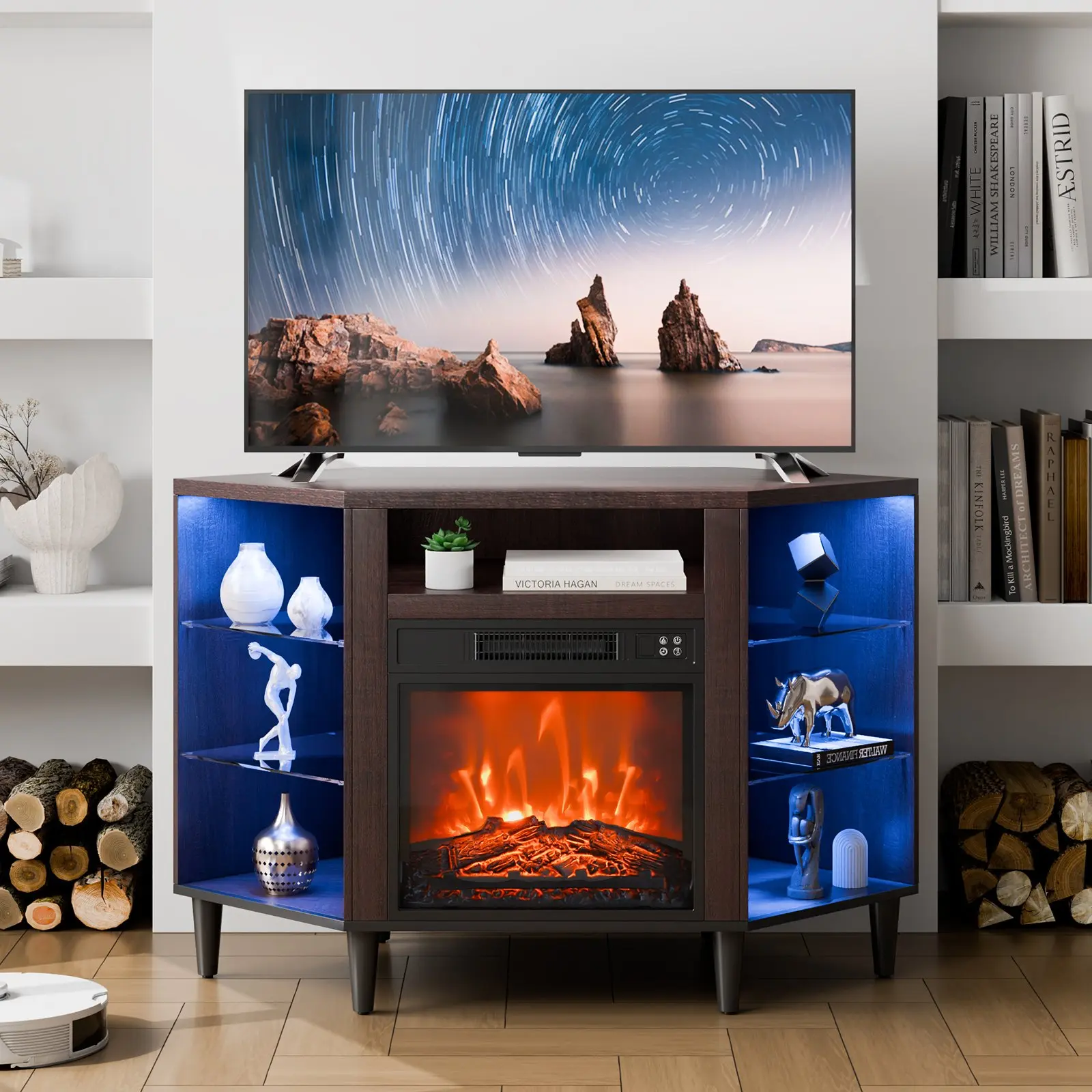 VEVOR Electric Fireplace TV Stand, Corner TV Stand for TVs up to 50", Corner Console with 18" Fireplace, Vintage Design, 20 LED Lights, Remote Control Timer for Living Room, Brown
