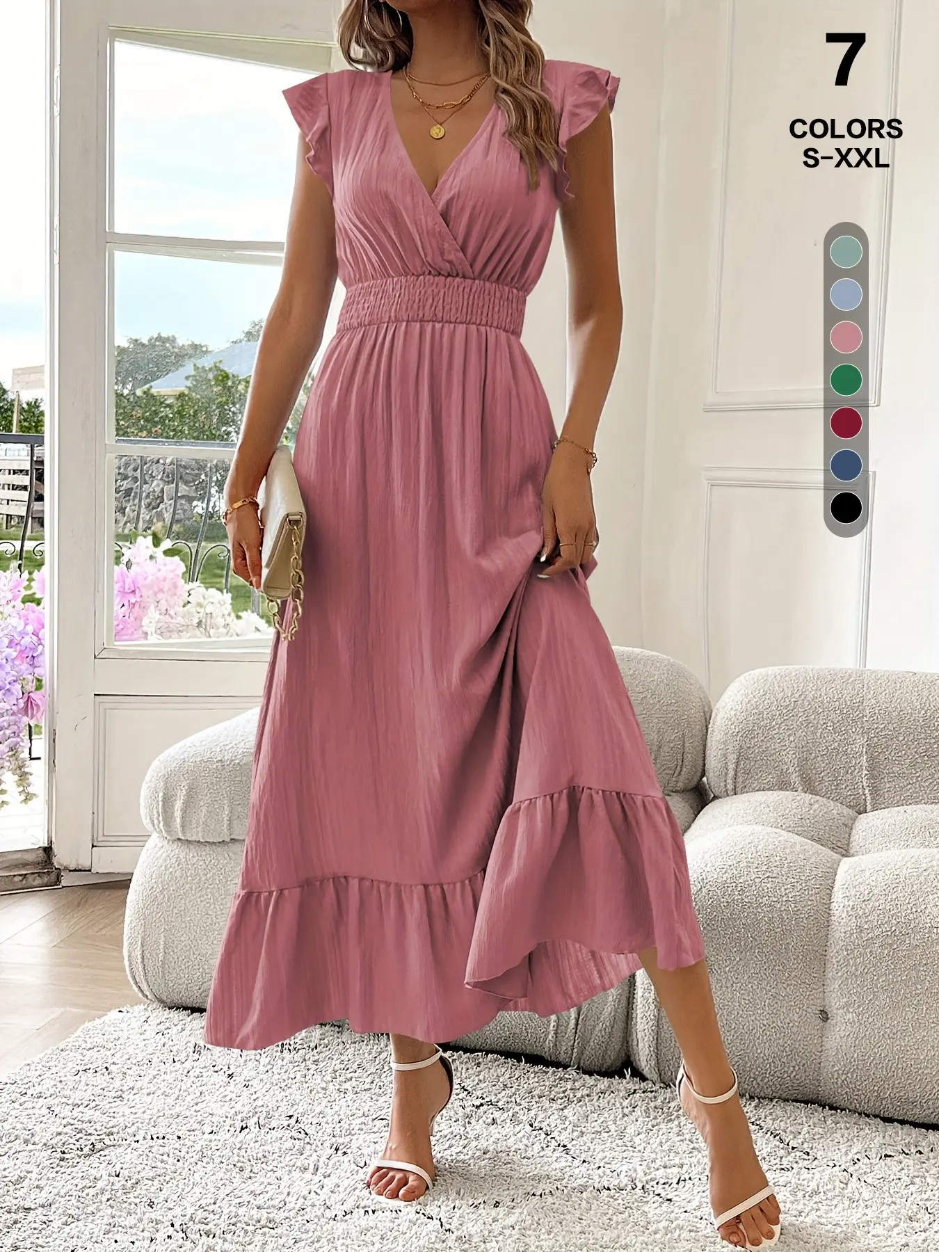 V-Neck Waist-Cinching Boho Dress, Bohemian Style Dresses, Summer Casual Wear, Flutter Sleeves, Smocked High Waist, Ruffled Maxi Skirt, 7 Colors, Sizes S-Xxl, Romantic Long Dress