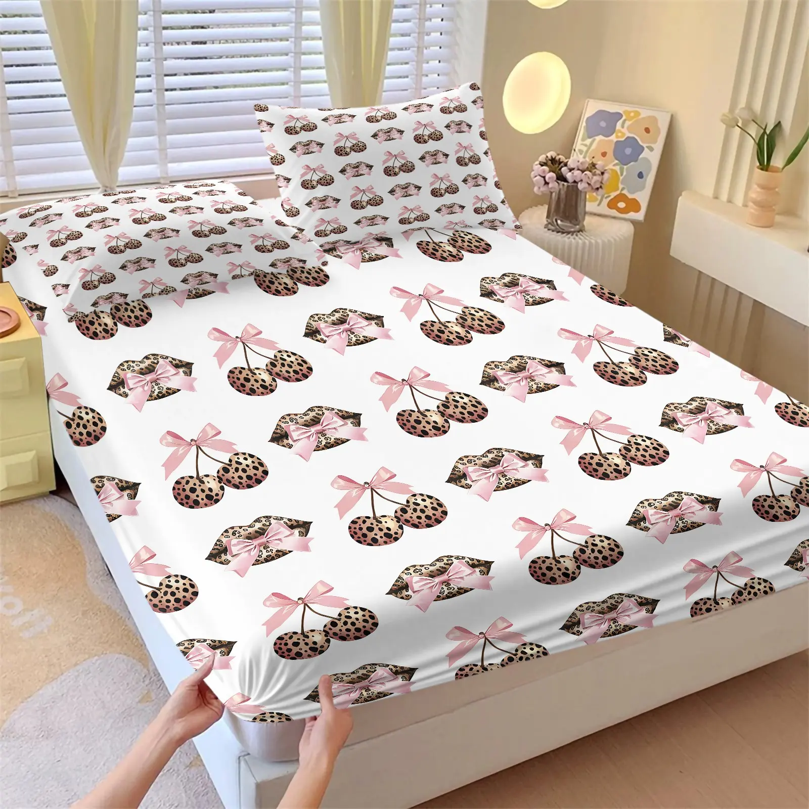 3PCS White Base Leopard Cherry Lips Pink Bow Fitted Sheet Set (1 Fitted Sheet + 2 Pillowcases, No Pillows Included),Soft Breathable Fabric,Home HD Digital Printing,Y2K Girly All Season Bedding,Sweet Girly Summer Vibes