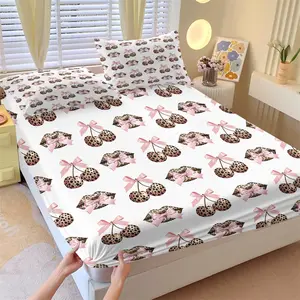 3PCS White Base Leopard Cherry Lips Pink Bow Fitted Sheet Set (1 Fitted Sheet + 2 Pillowcases, No Pillows Included),Soft Breathable Fabric,Home HD Digital Printing,Y2K Girly All Season Bedding,Sweet Girly Summer Vibes