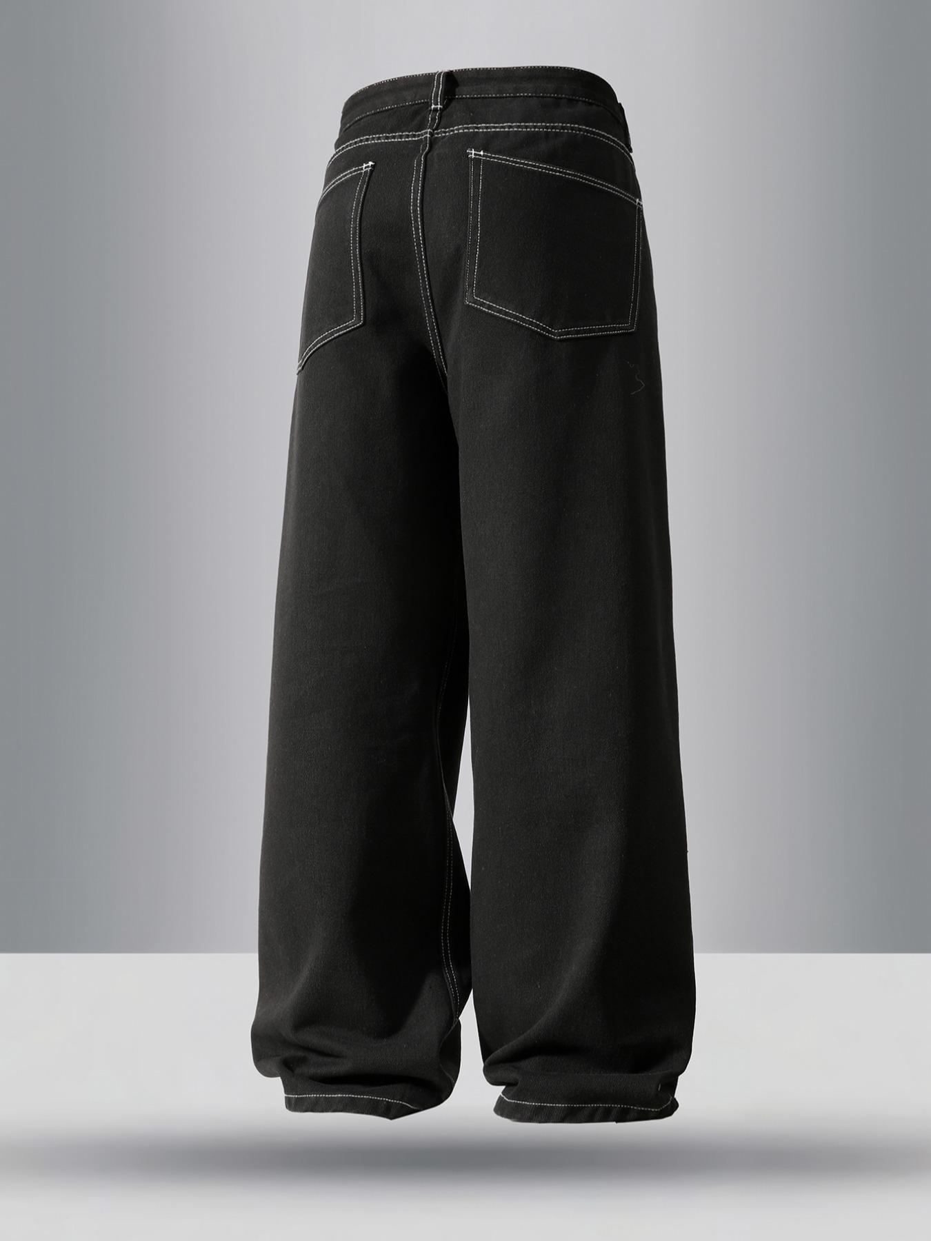 Men's Solid Color Wide Leg Slouchy Jeans, Loose Casual Comfy Denim Trousers for Daily Wear, Fashion Men's Bottoms for All Seasons