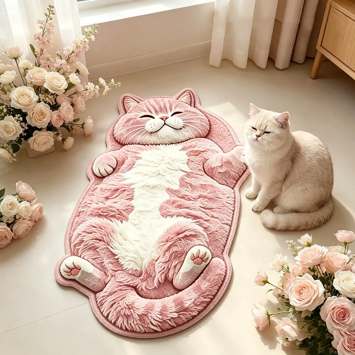Cute Cat Shape Rug, 3D Plush Design, Thin Washable Carpet, Perfect for Bedroom, Ideal for Cat Lovers, Cozy Home Decor, Cozy Area Rug