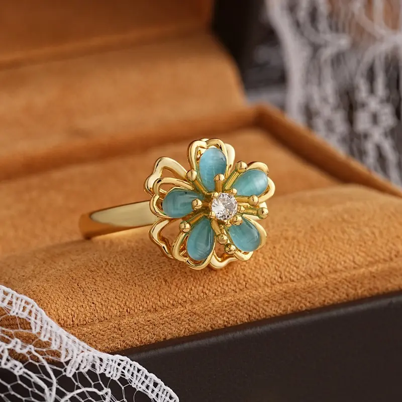 copper gold plated rotatable open ring, blue cat’s eye stone with cubic zircon, elegant daily women hand accessory, 360 rotating delicate gem jewelry