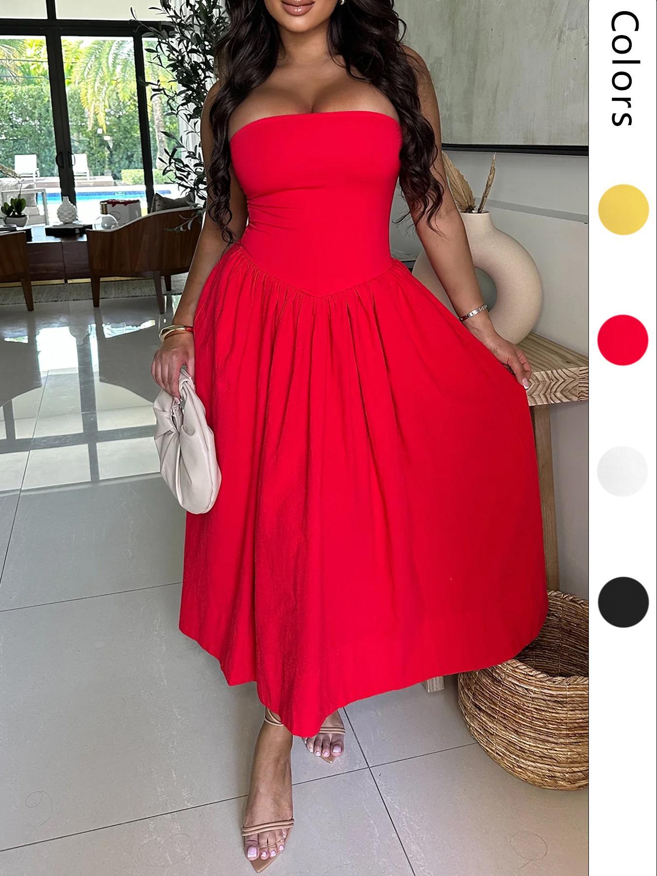 Women's Solid Color Tube Dress, Casual Strapless Dress for Summer, Women's Clothing for Daily Wear, Womenswear