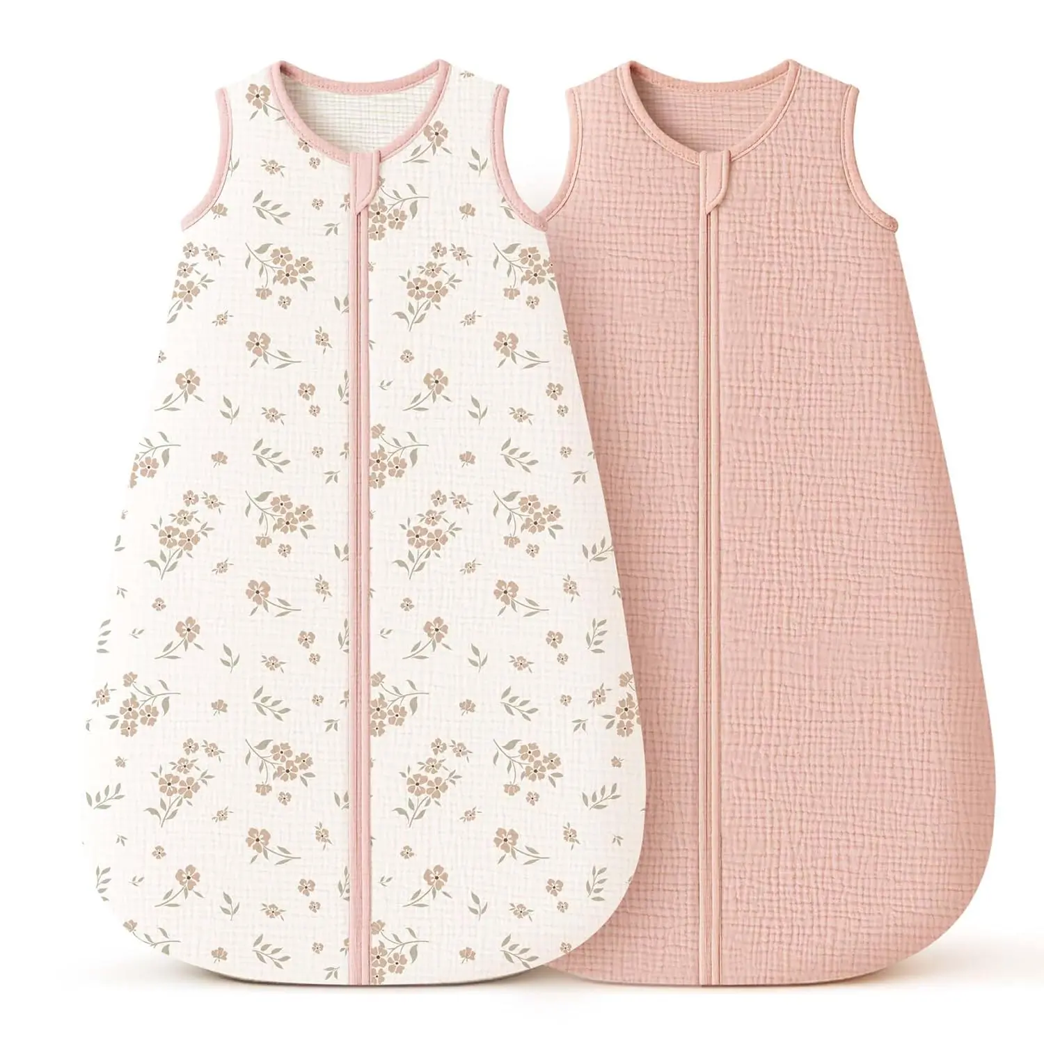 Muslin Baby Sleep Sack 6-12 Months 0.8 TOG, 2 Pack 100% Cotton Wearable Blanket  Babies, 2-Way Zipper Breathable Sleeping Sack Infant Toddler Essentials  Girls and Boys (Blossom, Pink)
