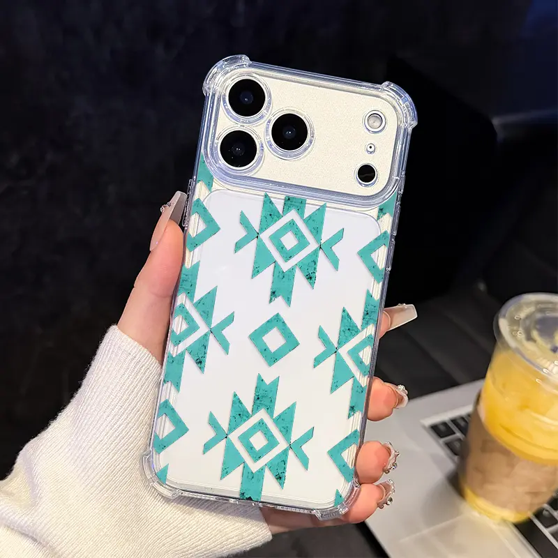 Turquoise Geometric Pattern Pattern Phone Case for iPhone 17 Air 16 E 15 14 13 12 Pro Max Plus 11 Transparent Non-Yellowing Cover with Airbag Shockproof Soft Silicone Casing