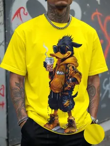 Men's 3D Cartoon Print Round Neck Short Sleeve Casual T-Shirt, Fitted All over Print, Long Clothing, All Seasons Wear