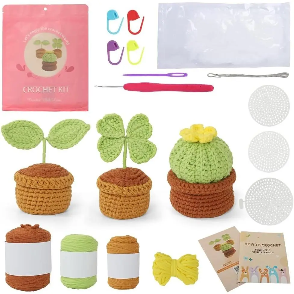 Potted  Crochet Kit for Beginners, Learn to Crochet Starter Kit with Pre-Started Yarn & Easy-to-Follow Video Tutorials, DIY Amigurumi  Kit for Adults