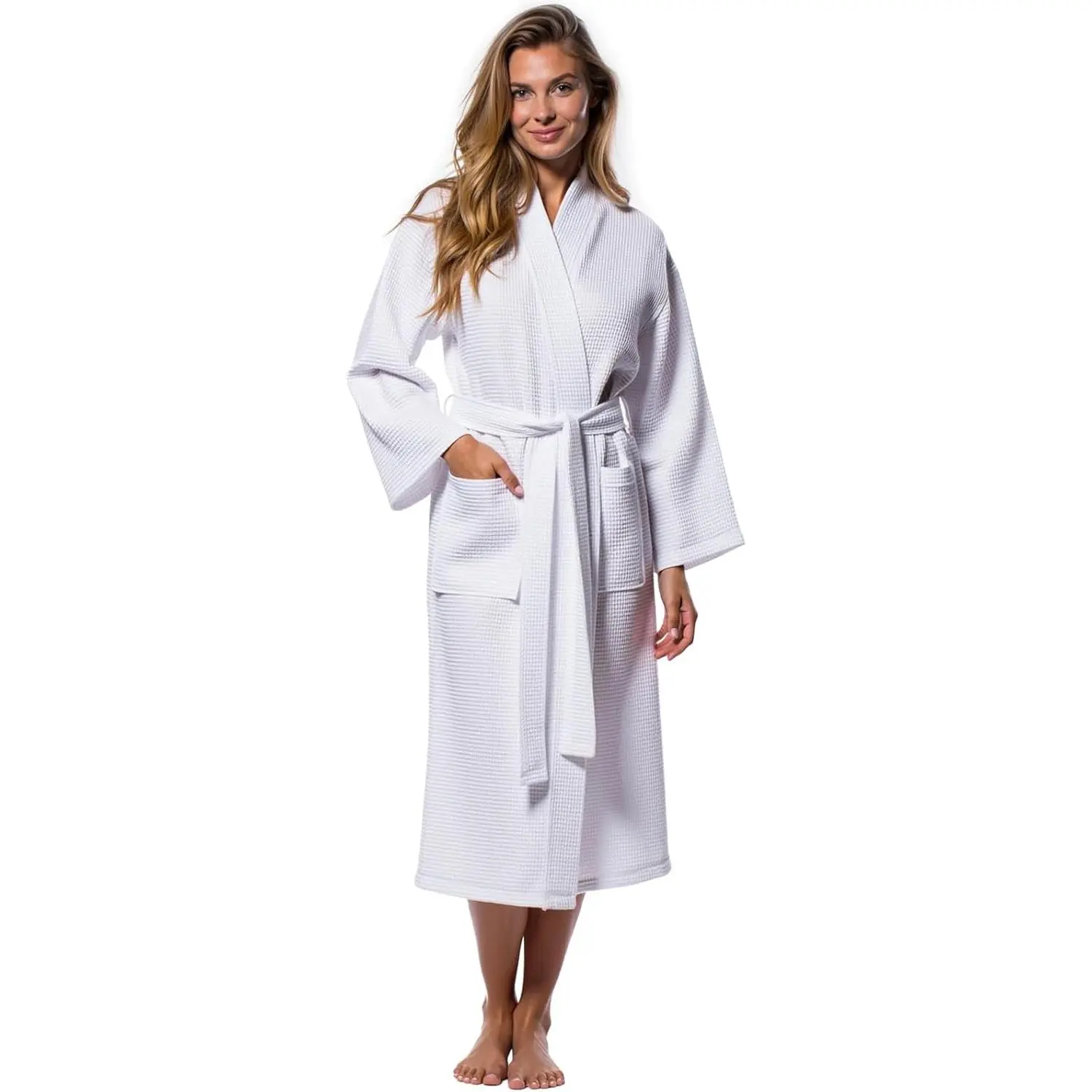 Lightweight Waffle Knit Kimono Bathrobe - Soft Cotton Blend Spa Robe, Fast-Drying Full-Length Unisex Robe for Women and Men