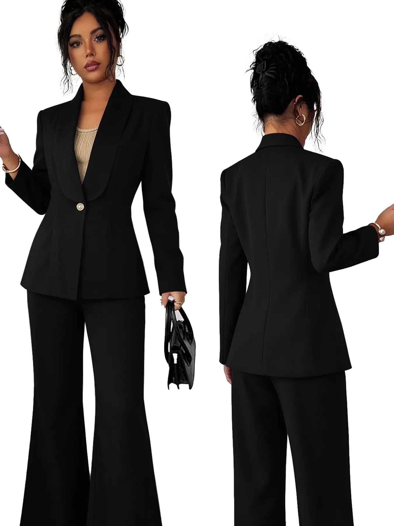Women's Shawl Collar Tailored Long Sleeve Blazer & Wide Leg Pants Set, Wrinkle-Resistant Professional Business for Work & Events