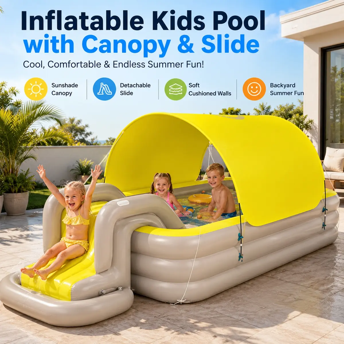 2.6M Inflatable Kids Pool with Canopy & Slide, Large Family Blow Up Swimming Pool, Detachable Sunshade, Cushioned 3-Layer Walls, Portable PVC Backyard Water Pool for Children, Family Garden, Patio, Indoor Outdoor Summer Day Use