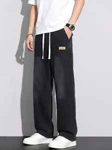 Men's Four-Season Drawstring Waist Jeans, Fashion Streetwear Loose Straight Leg Pants, Comfortable Versatile Casual Long Pants, Durable Fabric Design