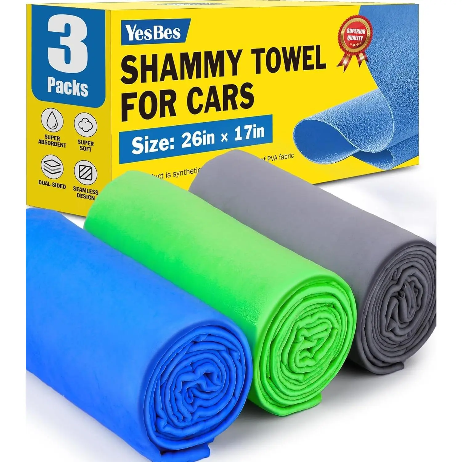3 Pack Premium 26"x17" Super Absorbent Reusable Soft Chamois Shammy Towel for Car Drying